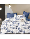 HDC percale blanche aux motifs bleu discret, visuel d'ambiance de la housse de couette réversible
