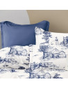 Zoom sur la HDC percale blanche aux motifs bleu discret, visuel d'ambiance de la housse de couette réversible