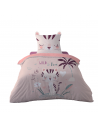 Housse de couette katie rose, esprit jungle sur fond rose, motif chat, sur lit fond blanc 140x200cm +1taies