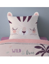 Zoom sur la taie d'oreiller, motif chat blanc sur fond rose, taie d'oreiller 1 place