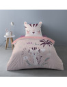 Housse de couette katie rose, esprit jungle sur fond rose, motif chat, sur lit visuel d'ambiance 140x200cm +1taies