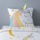 Zoom taie d'oreiller, 63x63cm, fond blanc avec motif licorne placée.