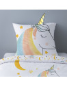 Zoom taie d'oreiller, 63x63cm, fond blanc avec motif licorne placée.