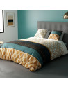 Housse de couette 260x240 cm BANGUII + 2 taies - 100% coton 57 fils - Parure de lit Art Déco tons bleus et jaunes - Oeko-tex