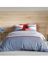 Housse de Couette 220x240 cm SANTORINI + taies 100% coton 57 fils - Style maritime bleu marine et bordeaux - Oeko-Tex