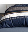 Détails des motifs de la housse de couette Kalypso 260x240 cm motif géométrique bleu marine et ocre