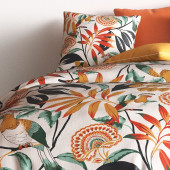 Housse de couette 2220x240 cm Ninon ambiance tropicale - Motifs oiseaux et fleurs colorés - 100% coton - 2 taies incluses