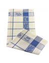 Torchons motifs cerise bleu 100% coton tissage jacquard, 50x70cm, sur fond blanc.