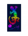 Serviette de plage lézard multicolore sur fond bleu, en 100% coton tissage jacquard 90x70cm