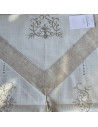 Zoom sur détails du chemin de table couleur lin et blanc, zoom sur la broderie