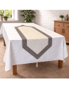 Chemin de table gris et blanc en coton et lin, 45x150cm, chic, bohème et s'adapte à tout les styles. Visuel fond d'ambiance